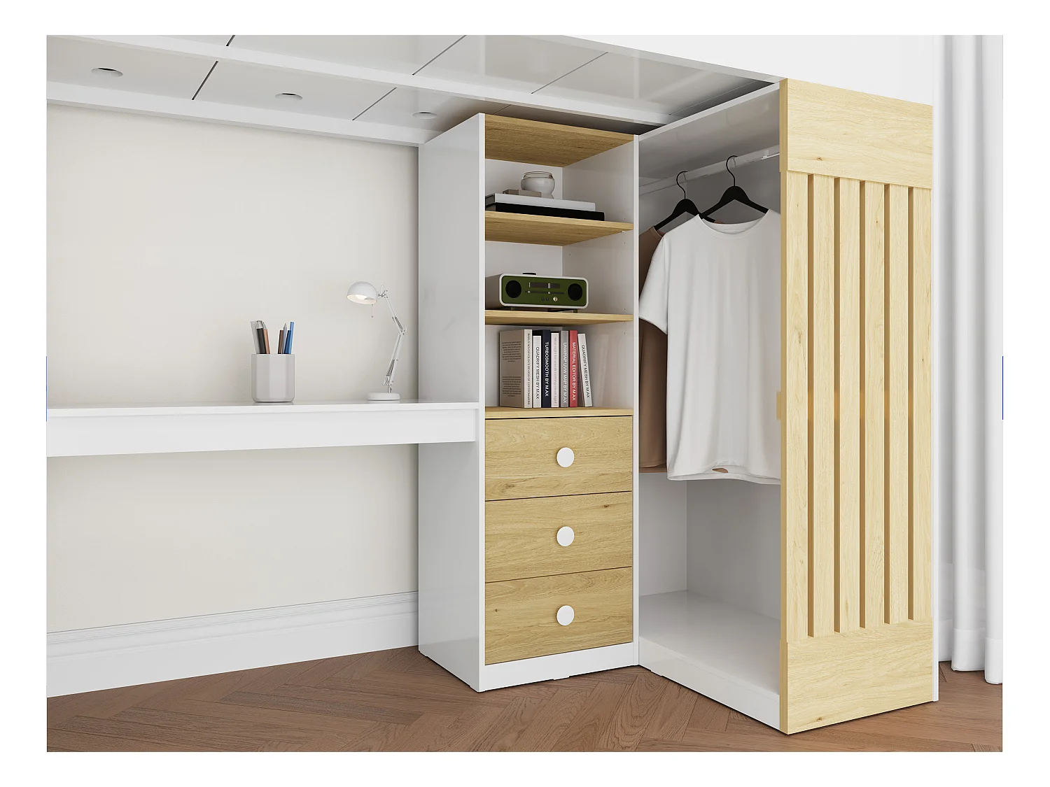 Lit mezzanine 90 x 190 cm avec bureau et penderie - Coloris : Blanc et naturel - LORINTI