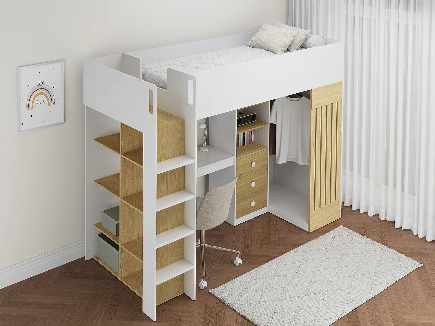 Hochbett mit Schreibtisch & Kleiderstange - 90 x 190 cm - Weiß & Holzfarben - LORINTI