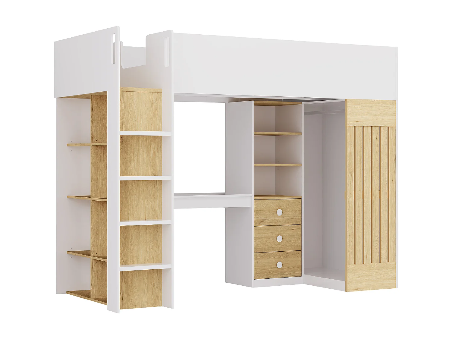 Hochbett mit Schreibtisch & Kleiderstange - 90 x 190 cm - Weiß & Holzfarben - LORINTI