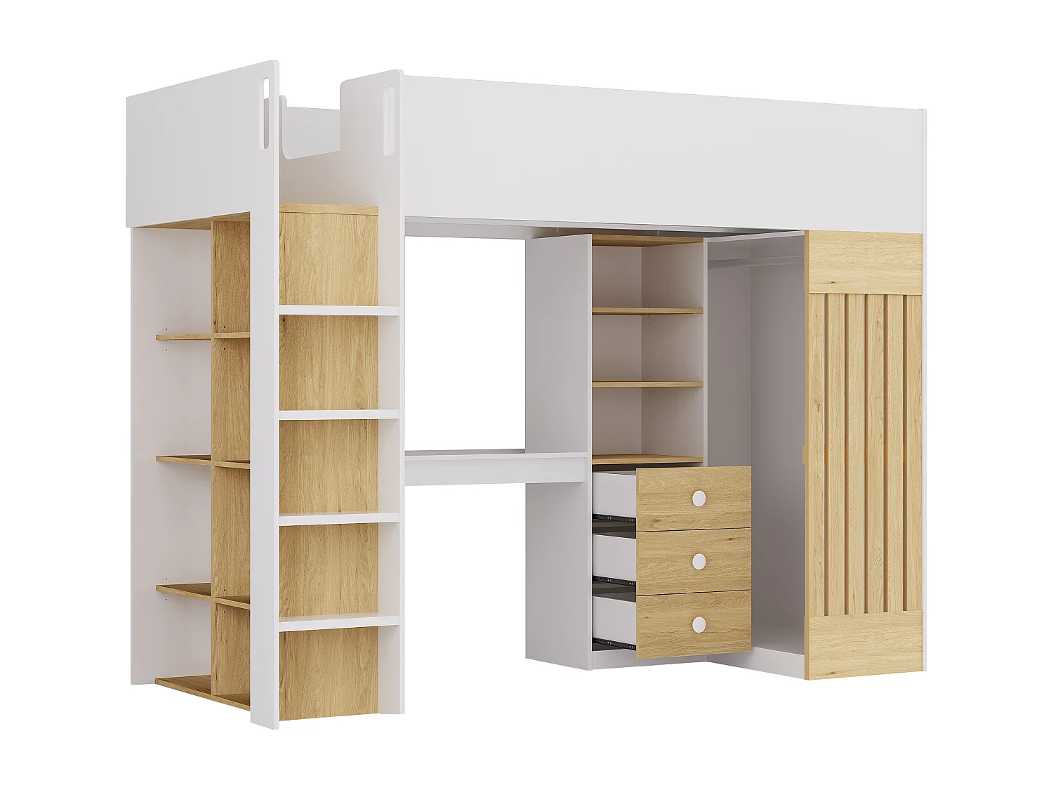 Hochbett mit Schreibtisch & Kleiderstange - 90 x 190 cm - Weiß & Holzfarben - LORINTI