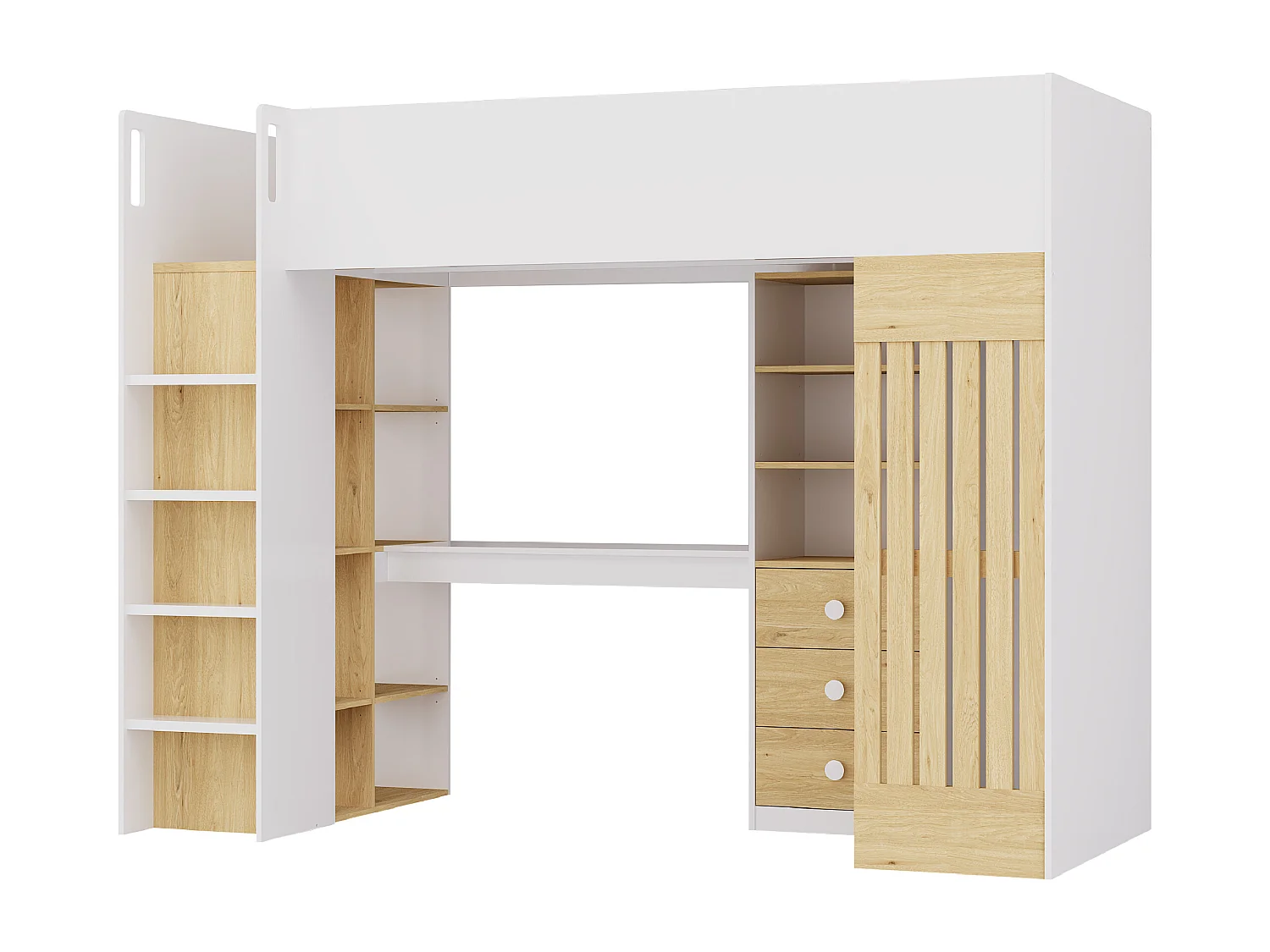 Hochbett mit Schreibtisch & Kleiderstange - 90 x 190 cm - Weiß & Holzfarben - LORINTI