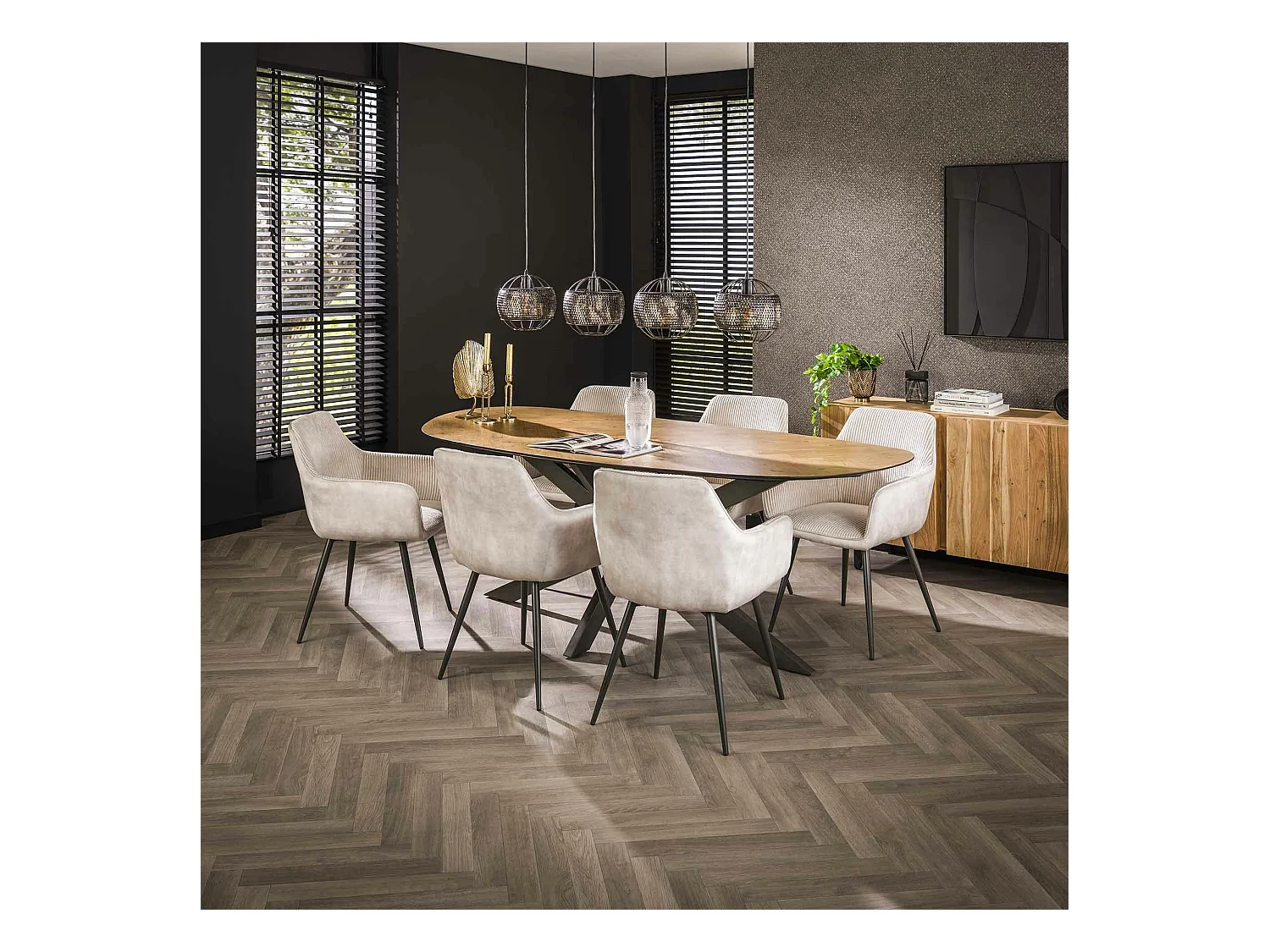 Table à manger bords ronds motif chevron, teck recyclé 215 cm MAYA