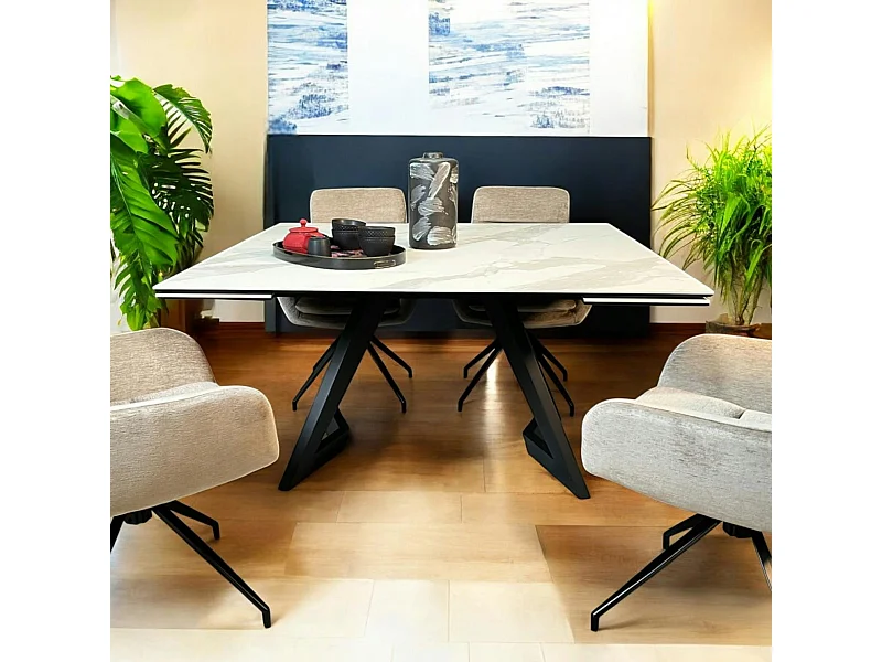 Table carrée extensible en céramique marbrée blanche 140-200 cm LOMBARDIE