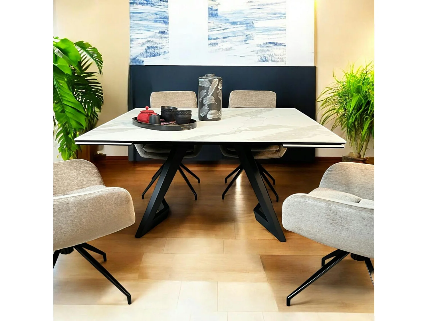 Table carrée extensible en céramique marbrée blanche 140-200 cm LOMBARDIE