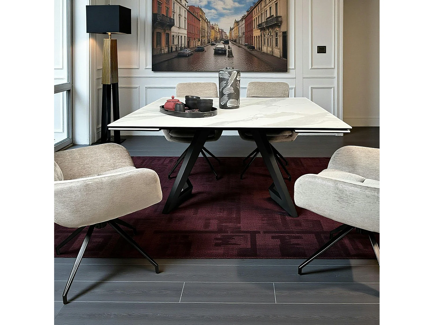 Table carrée extensible en céramique marbrée blanche 140-200 cm LOMBARDIE