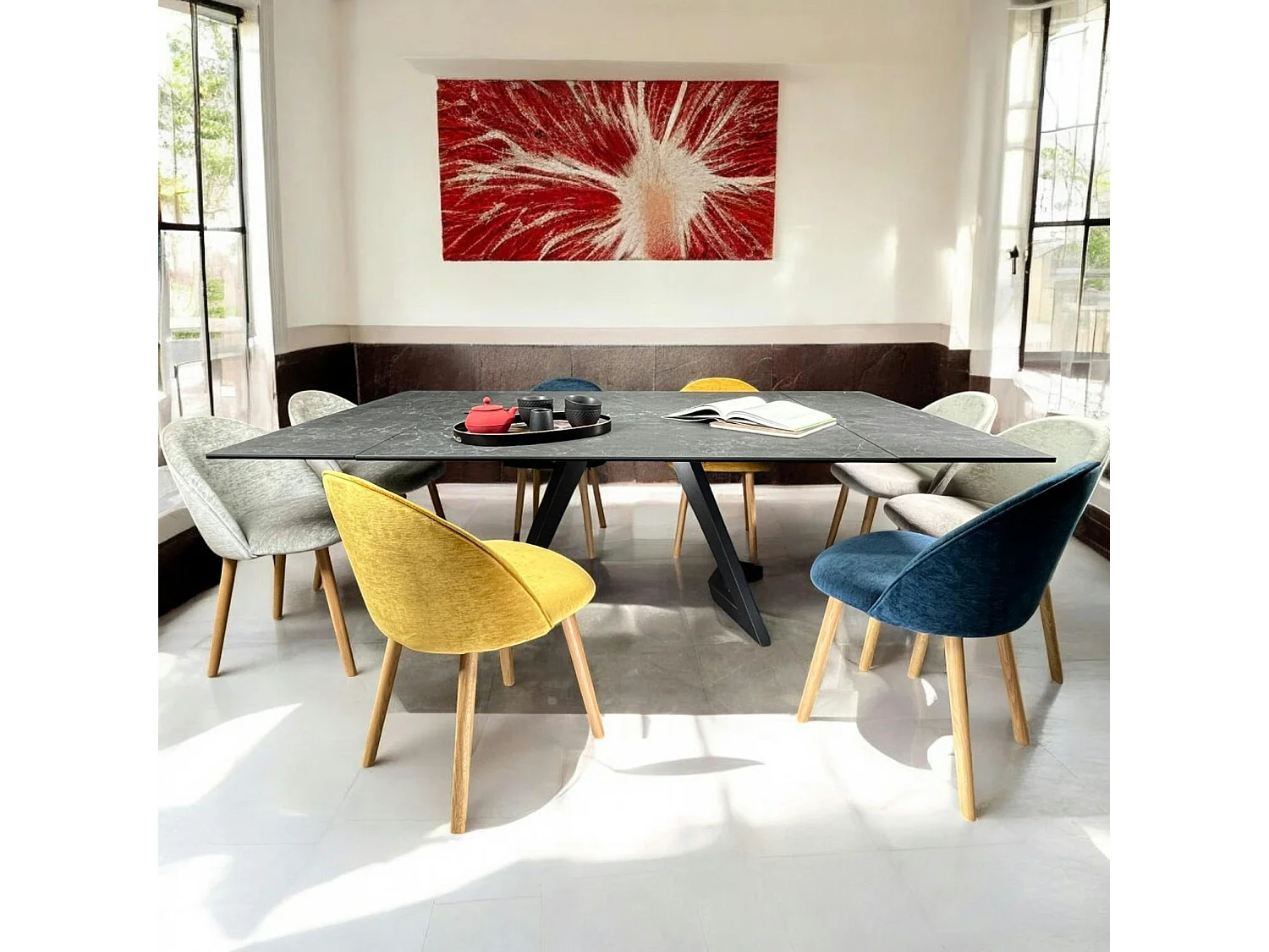 Table carrée extensible en céramique marbrée anthracite 140-220 cm LOMBARDIE