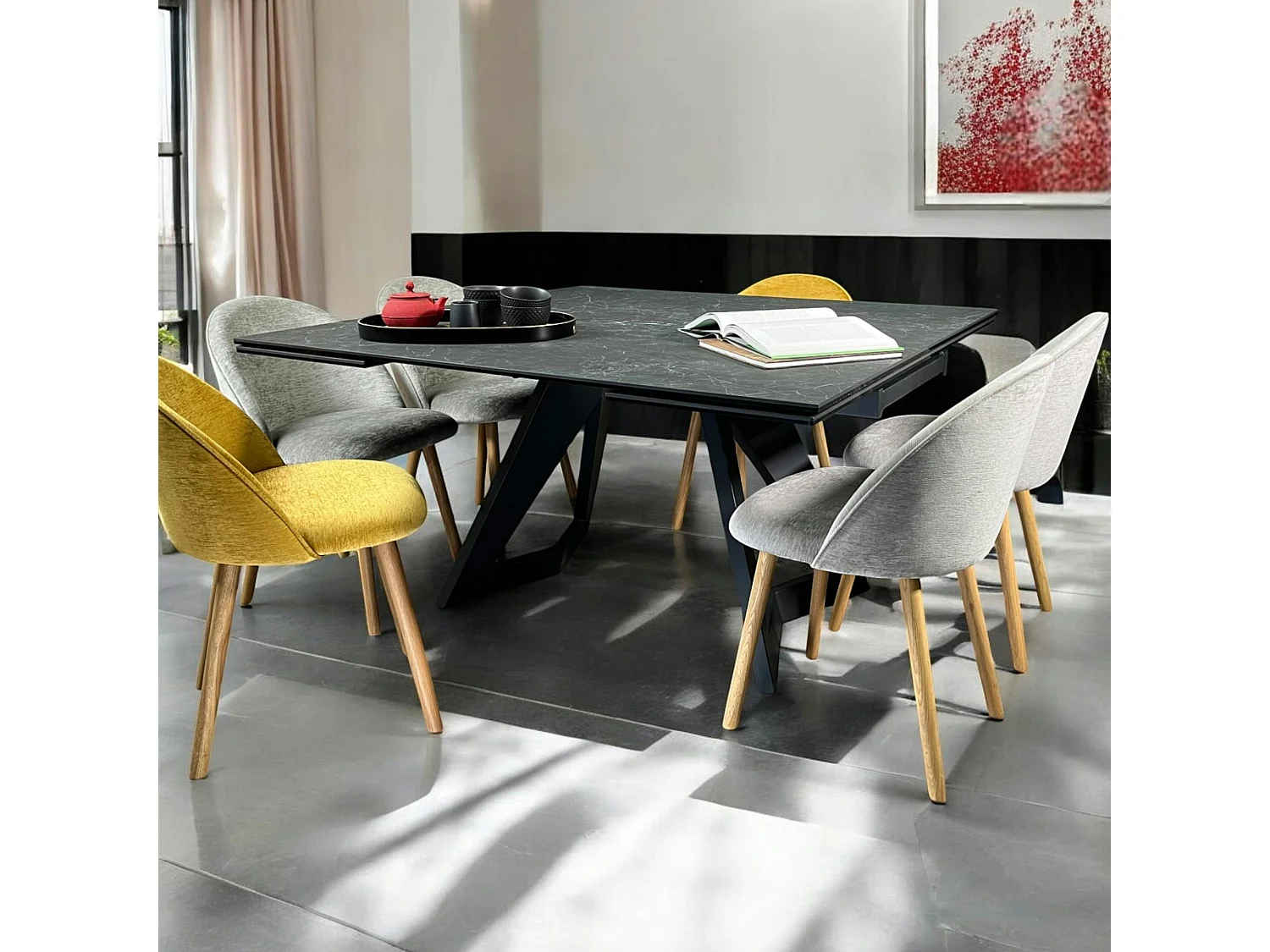 Table carrée extensible en céramique marbrée anthracite 140-220 cm LOMBARDIE