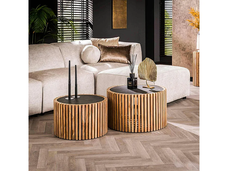 Table basse ronde bois d'acacia et ardoise (lot de 2) MELBOURNE