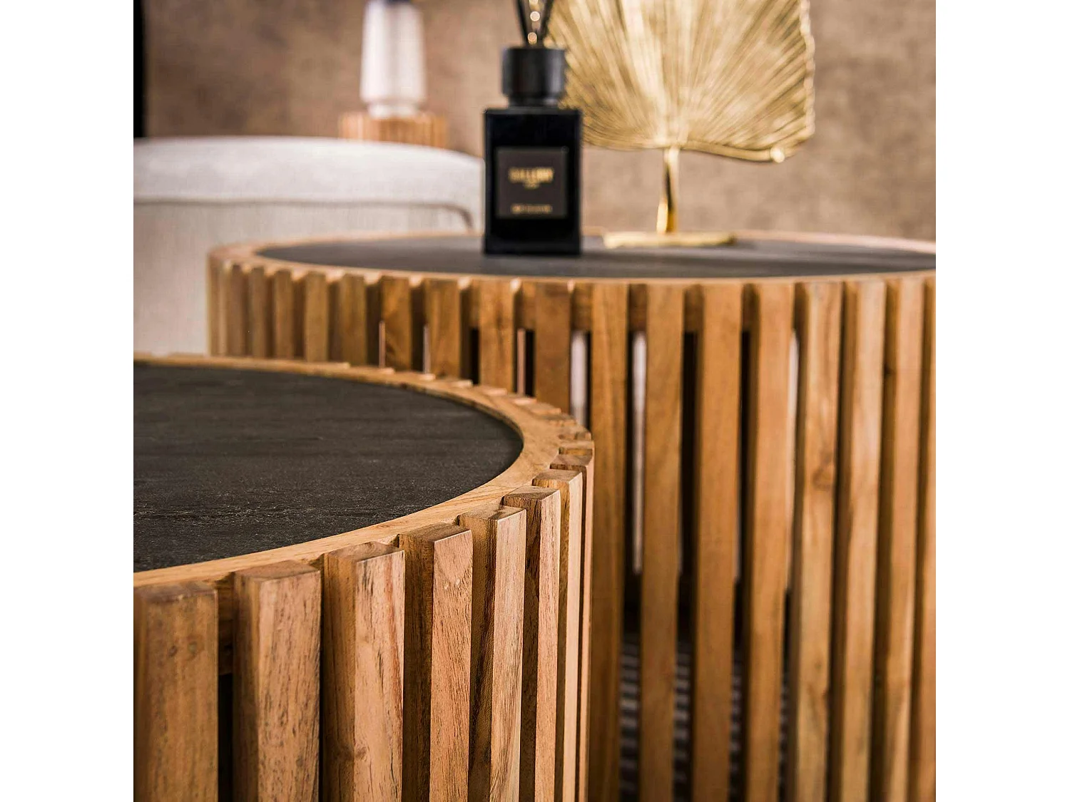 Table basse ronde bois d'acacia et ardoise (lot de 2) MELBOURNE