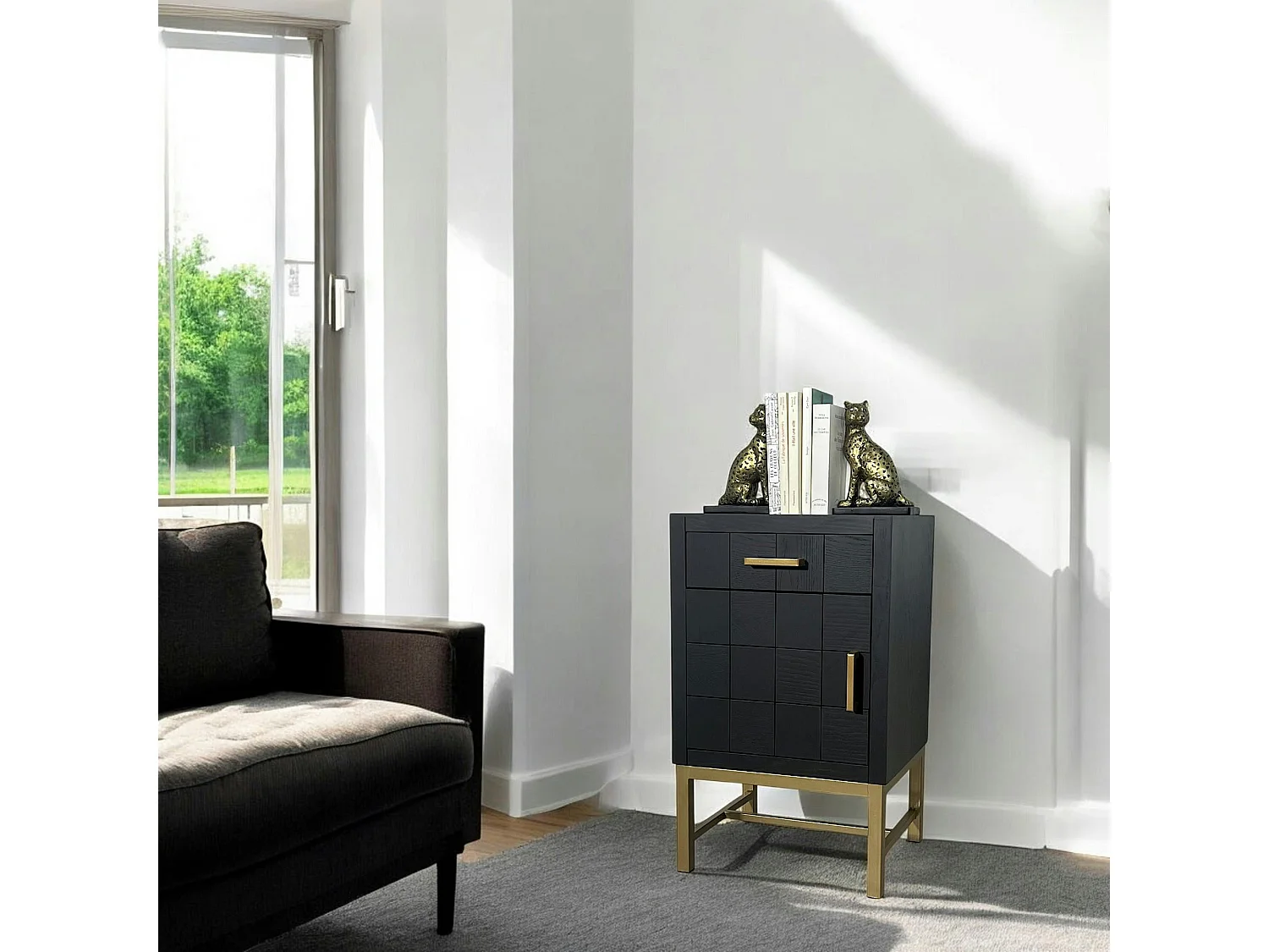 Petit meuble de rangement noir motif damier LEOPOLD