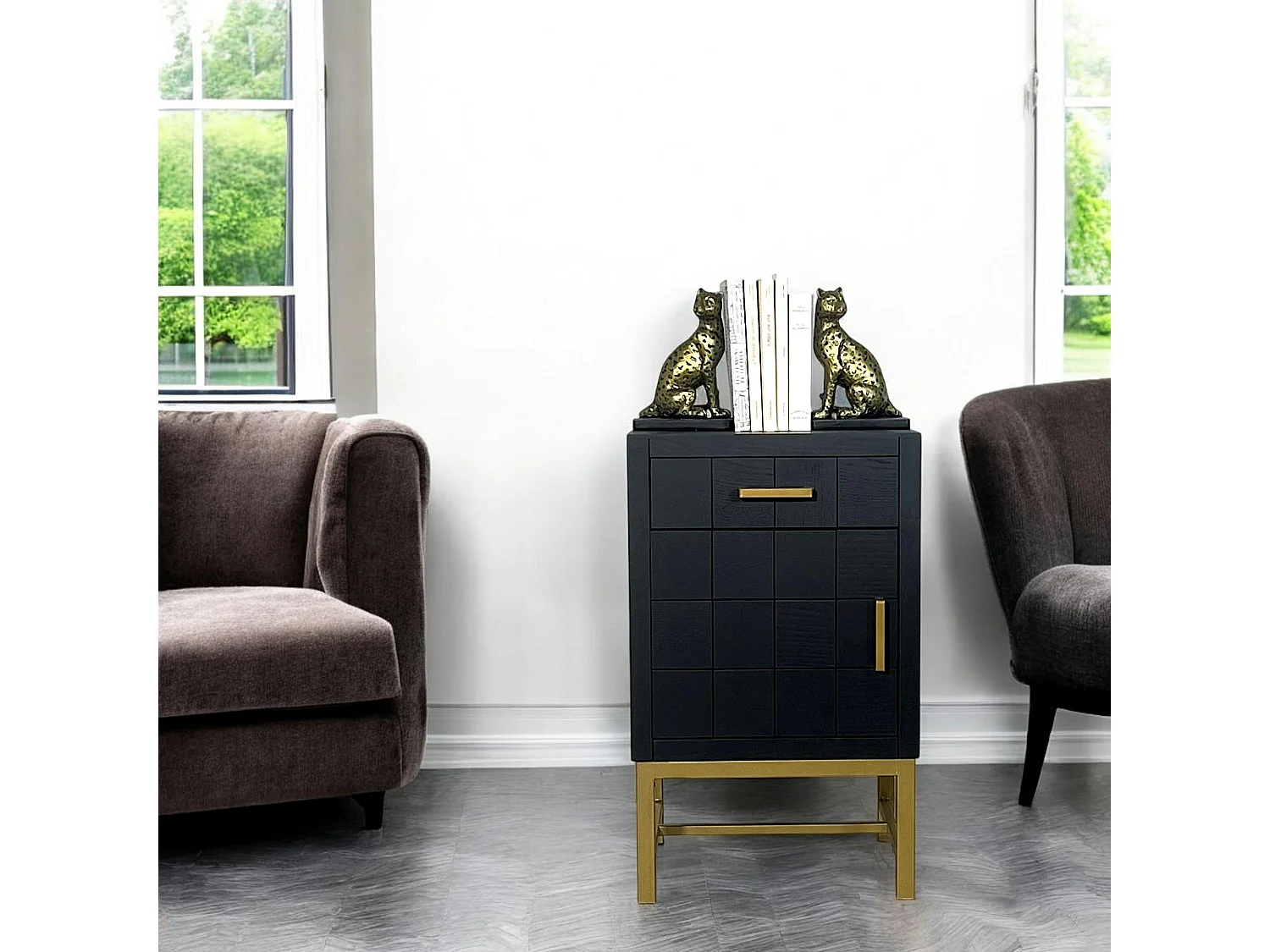 Petit meuble de rangement noir motif damier LEOPOLD