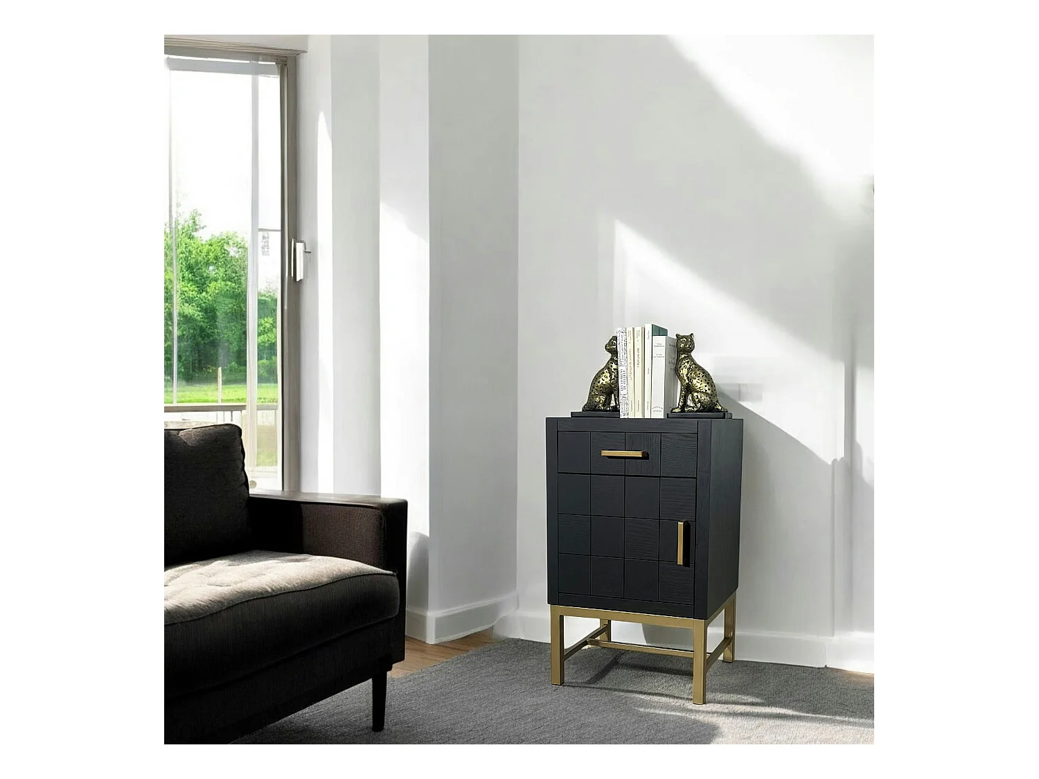 Petit meuble de rangement noir motif damier LEOPOLD