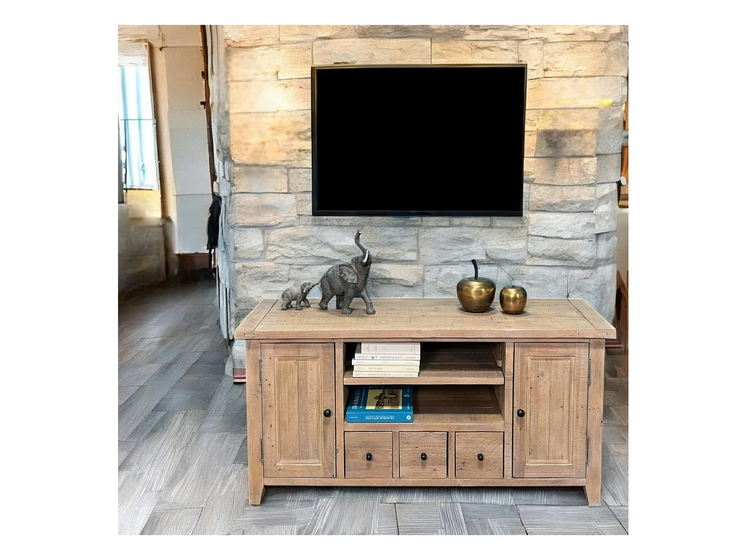 Meuble tv avec rangement bois recyclé clair SALERNE