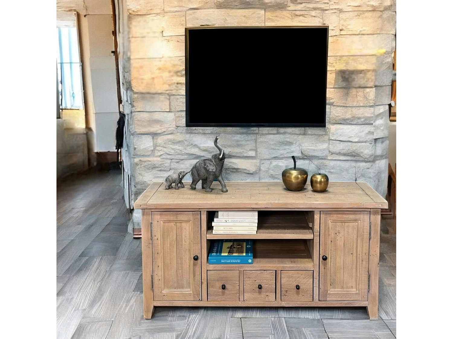 Meuble tv avec rangement bois recyclé clair SALERNE