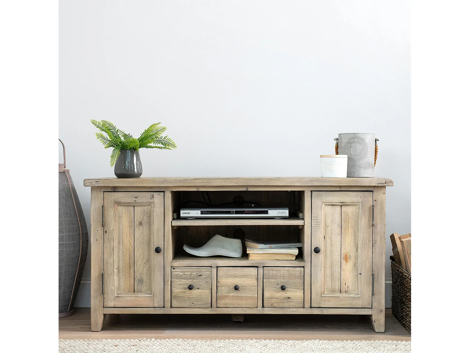 Meuble tv avec rangement bois recyclé clair SALERNE