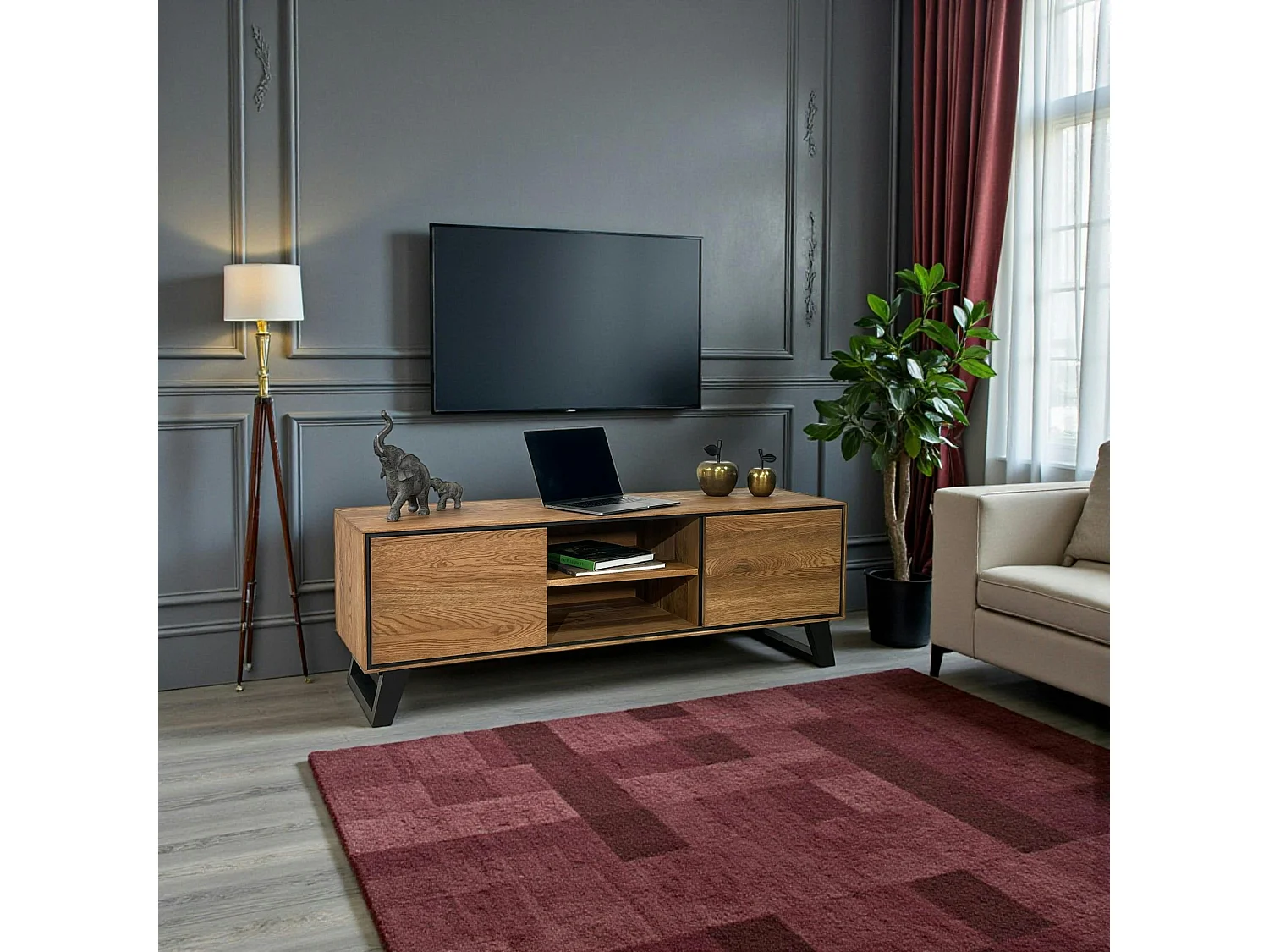 Meuble tv en bois de chêne brun et pieds obliques PALERME