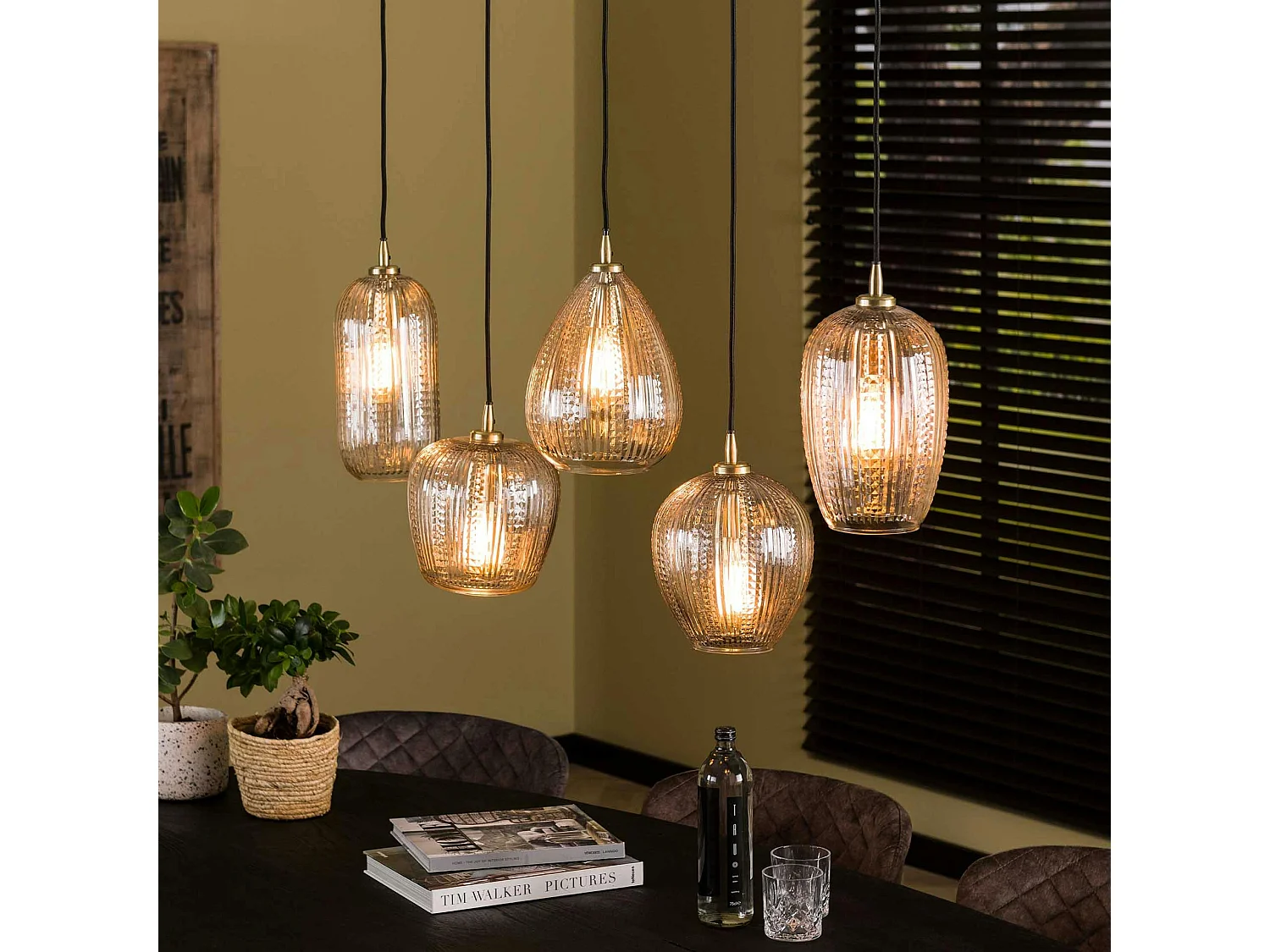 Suspension en verre travaillé 5 lampes NOVA