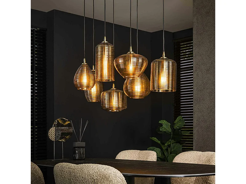 Suspension en verre strié 7 lampes ambrées NOVA
