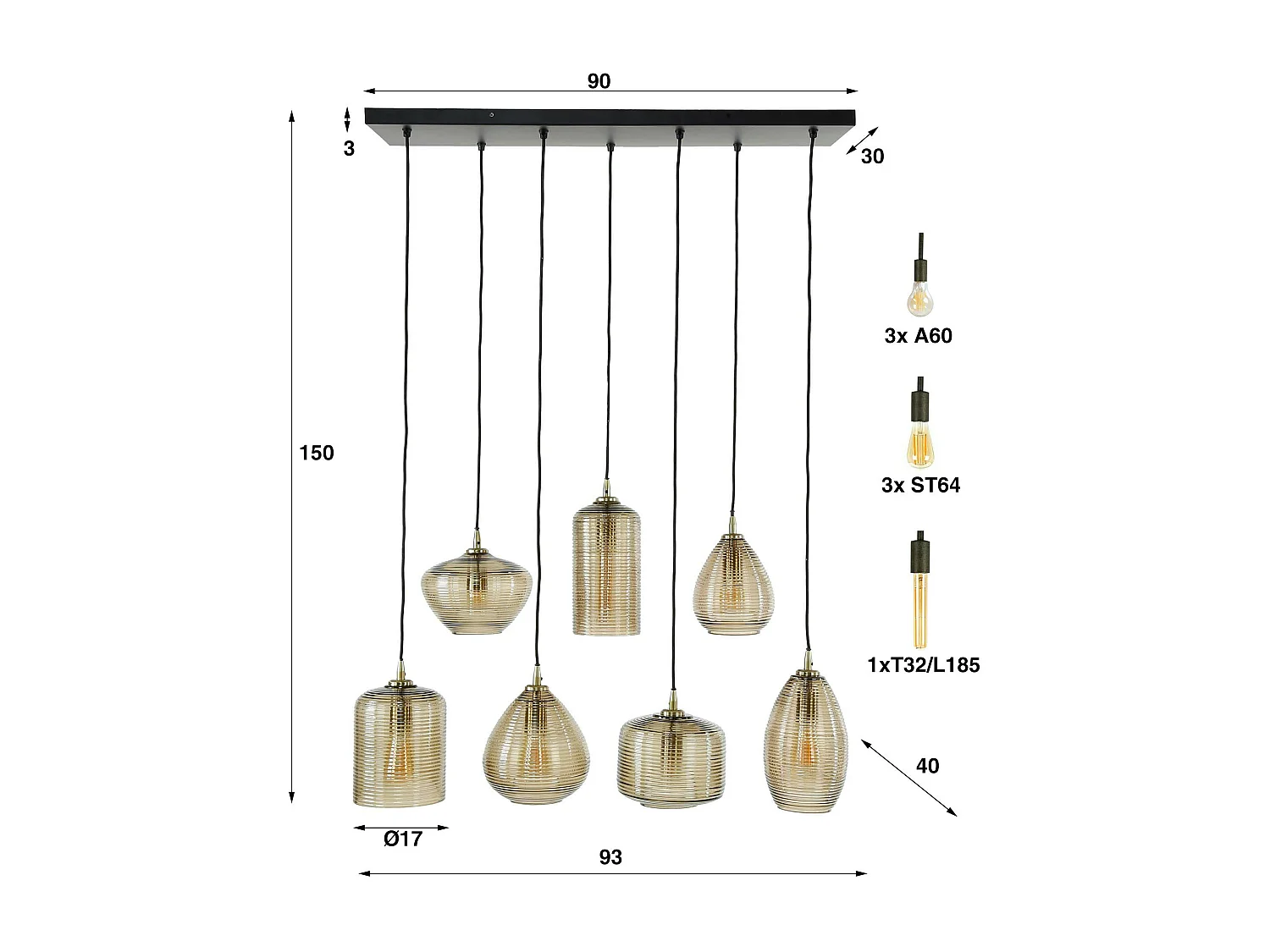 Suspension en verre strié 7 lampes ambrées NOVA