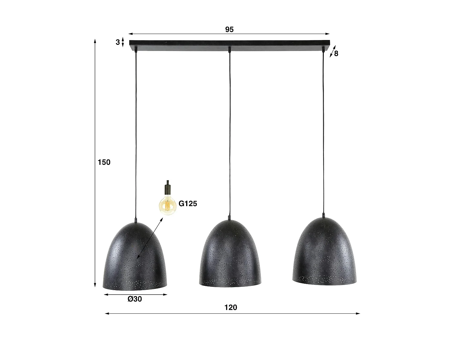 Suspension de table en métal, 3 abat-jour XL perforés RALF