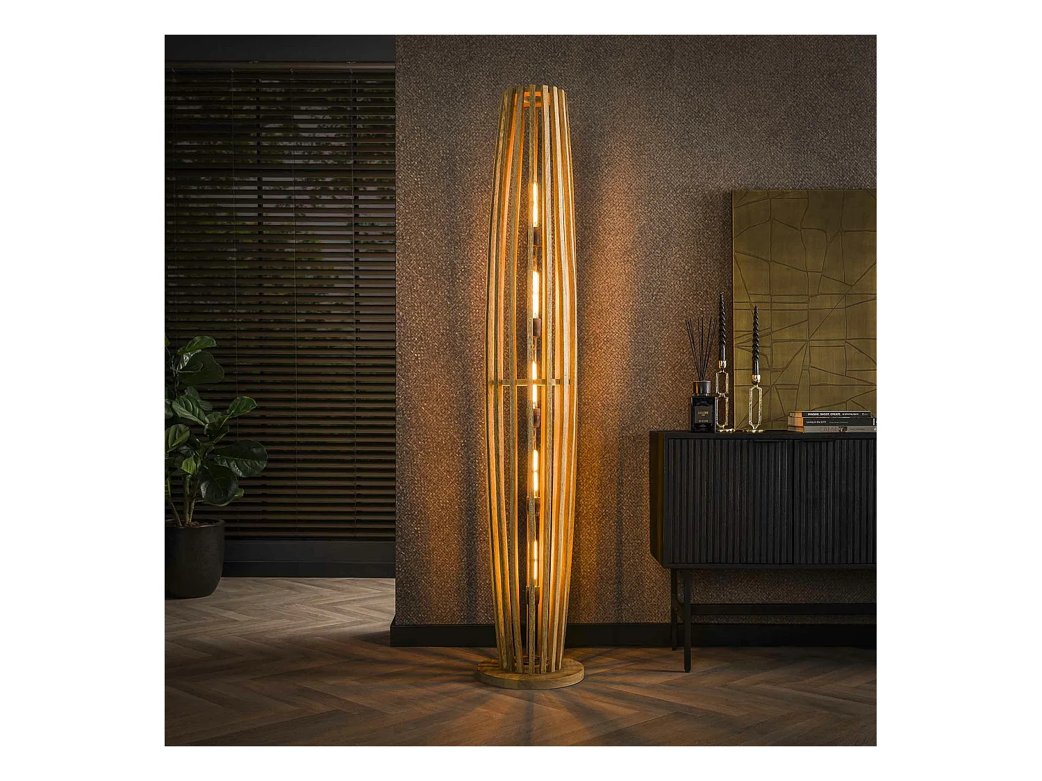 Lampadaire XL en bois de manguier ajouré 5 lampes LUCKNOW