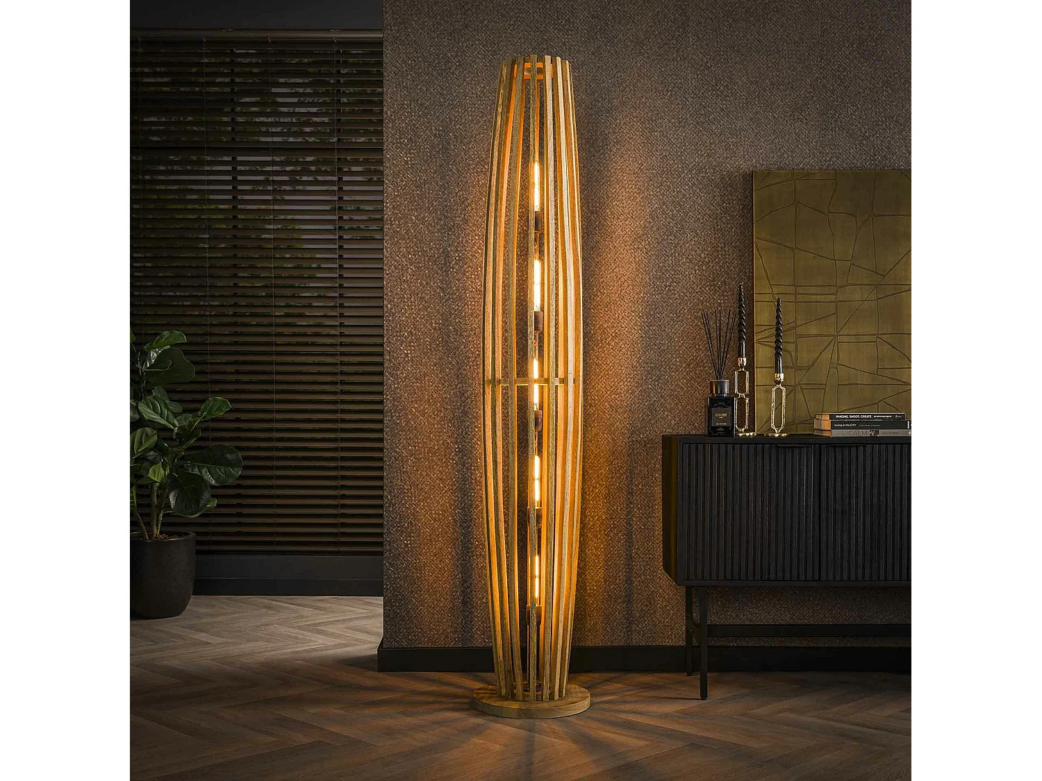 Lampadaire XL en bois de manguier ajouré 5 lampes LUCKNOW