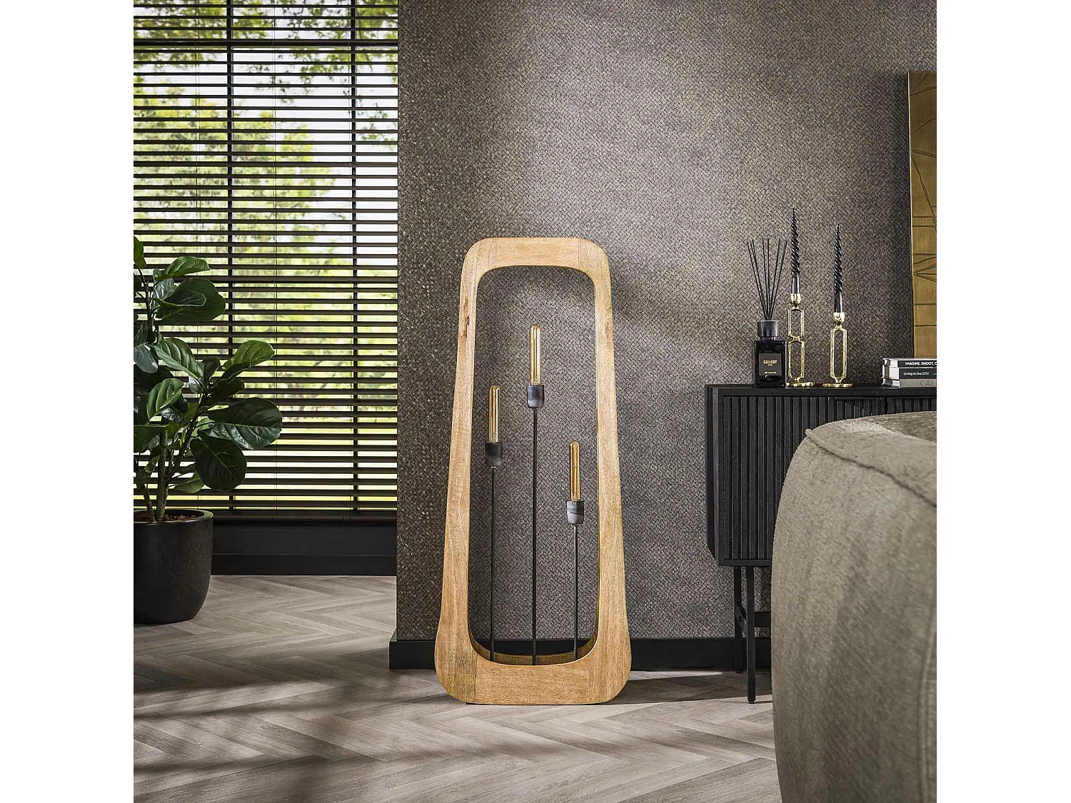 Lampadaire en bois de manguier forme organique 3 lampes LUCKNOW