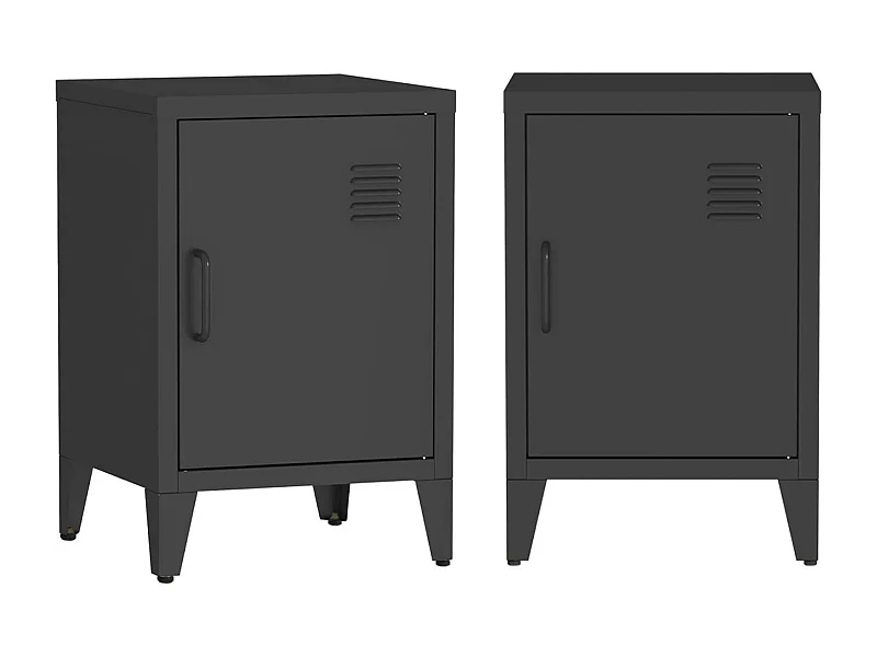 Lot de 2 tables de chevet en acier 1 porte. Noire. casier. L 38 x P 38 x H 55.7 cm