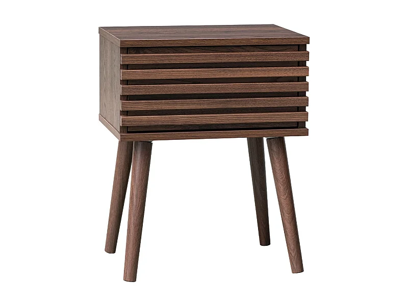 Comodino scandinavo con decori in legno scanalato, marrone