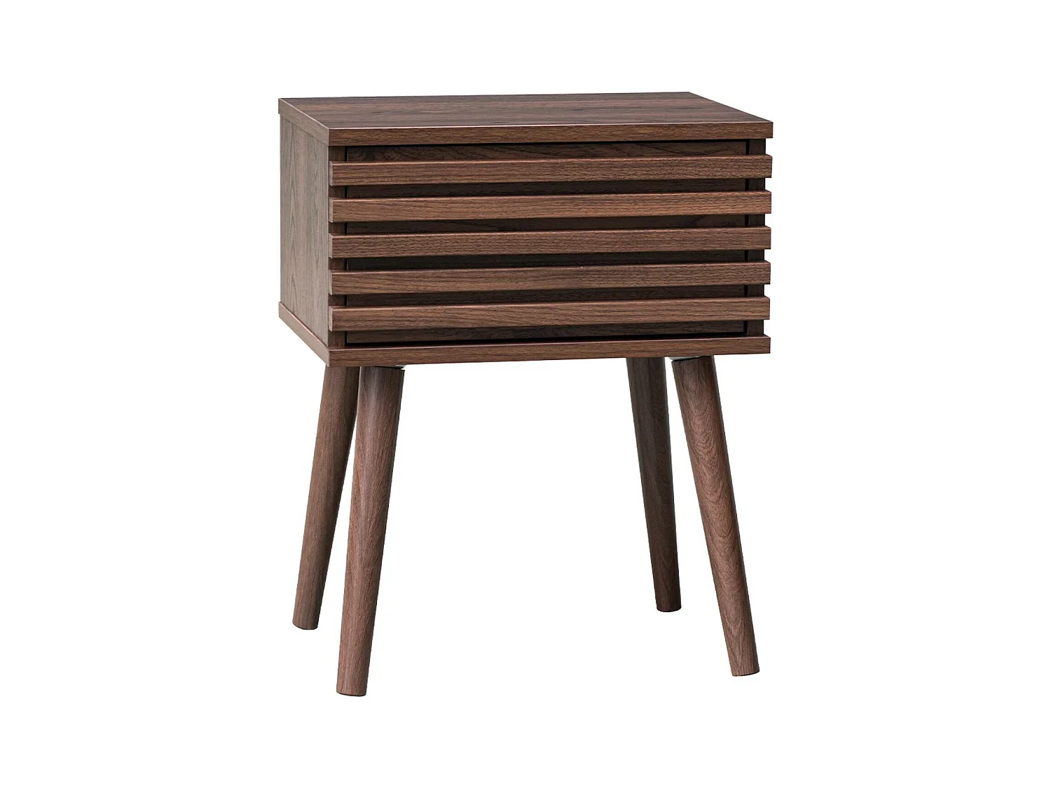 Table de chevet style scandinave décor bois couleur noyer avec tiroir rainuré et pieds compas