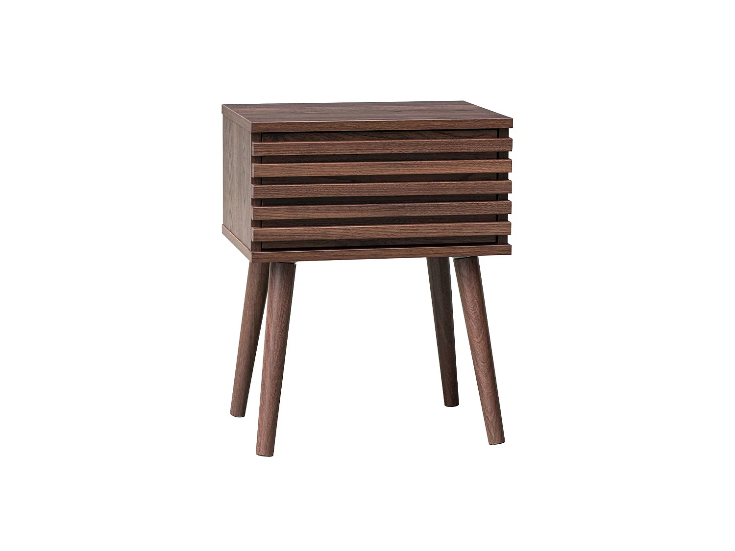 Table de chevet style scandinave décor bois couleur noyer avec tiroir rainuré et pieds compas
