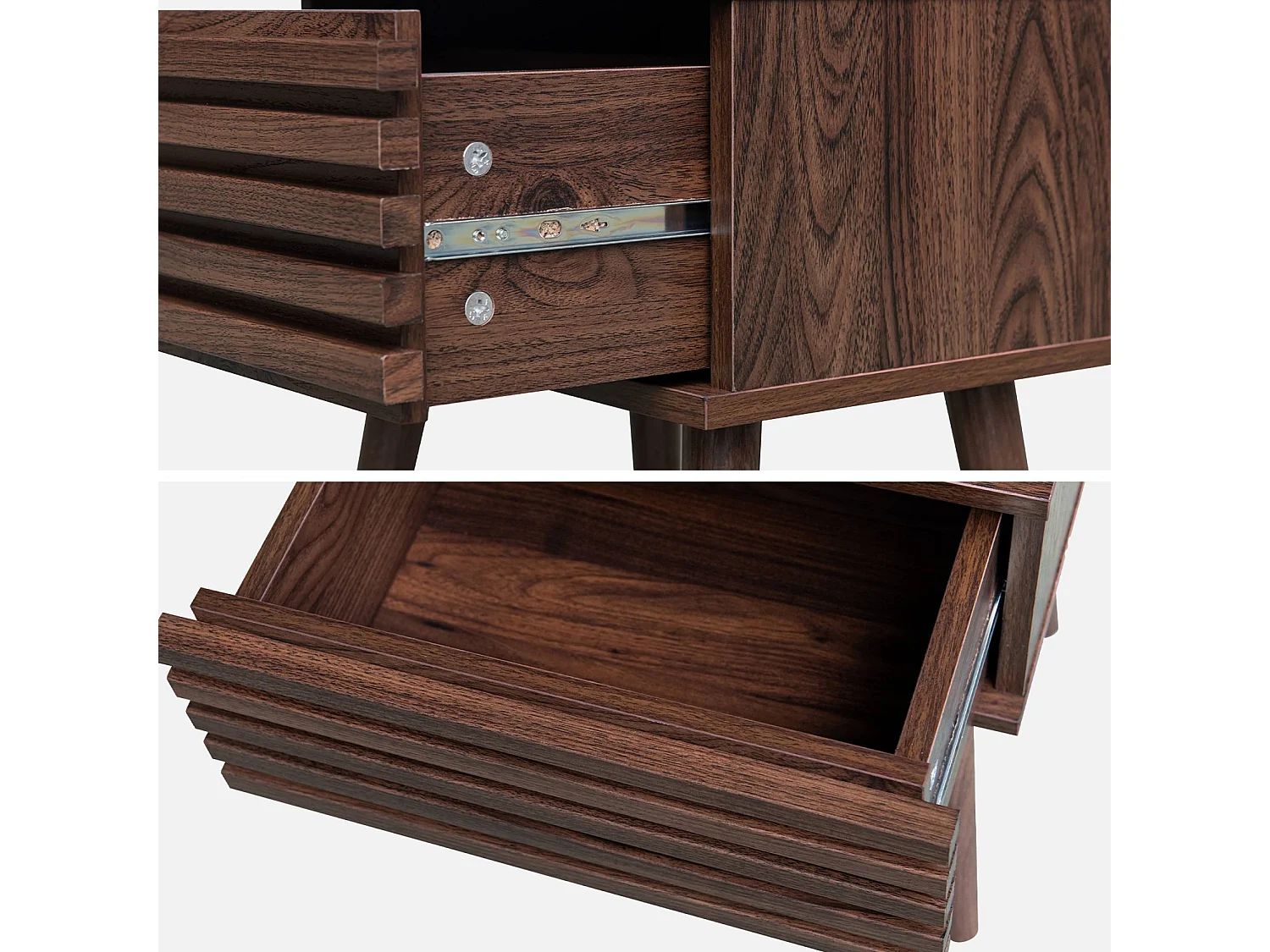 Table de chevet style scandinave décor bois couleur noyer avec tiroir rainuré et pieds compas
