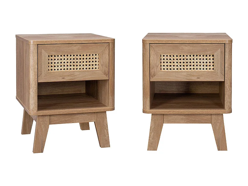 Lot de 2 tables de chevet avec 1 tiroir et 1 niche effet bois et cannage. pieds eucalyptus