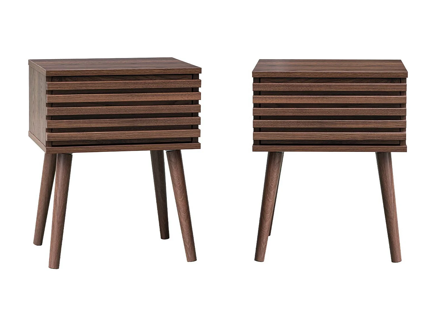Lot de 2 tables de chevet style scandinave décor bois avec tiroir rainuré noyer et pieds compas