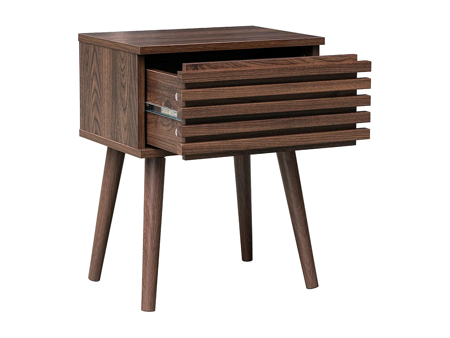 Lot de 2 tables de chevet style scandinave décor bois avec tiroir rainuré noyer et pieds compas