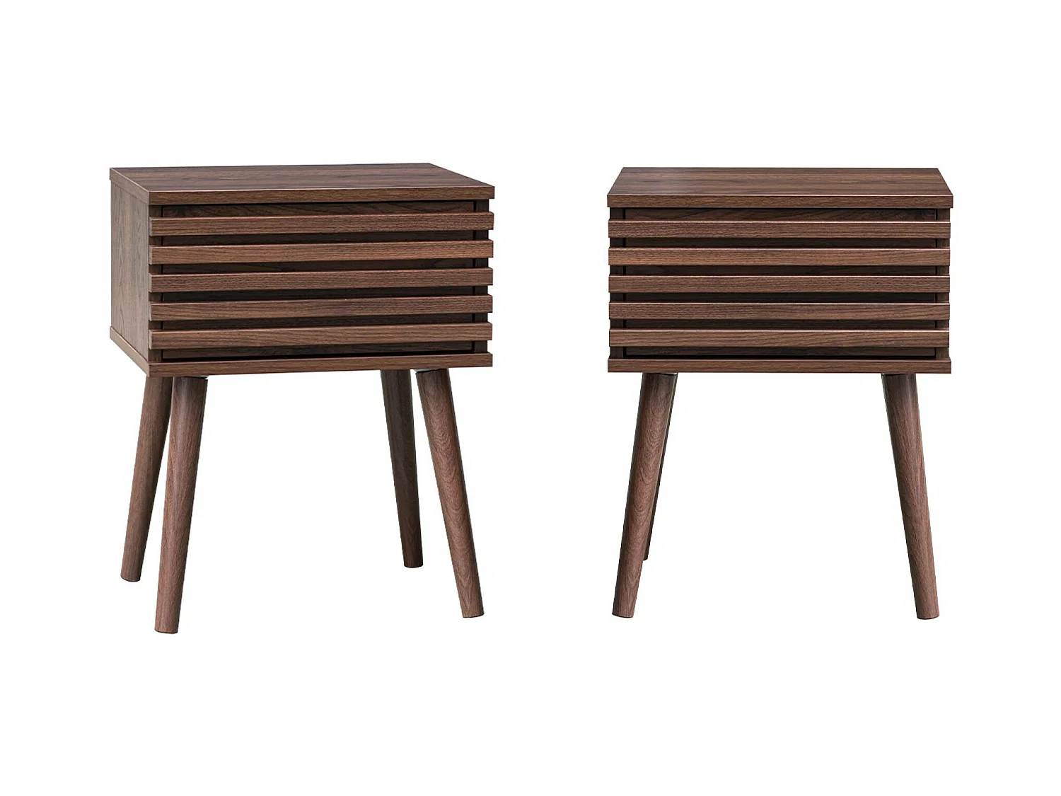 Lot de 2 tables de chevet style scandinave décor bois avec tiroir rainuré noyer et pieds compas