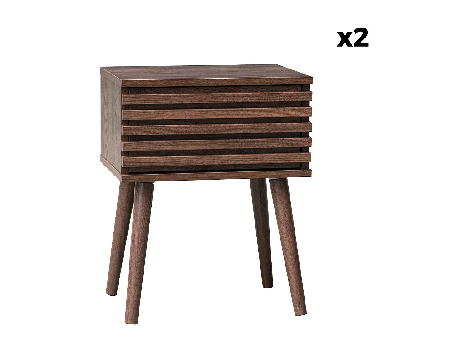 Lot de 2 tables de chevet style scandinave décor bois avec tiroir rainuré noyer et pieds compas