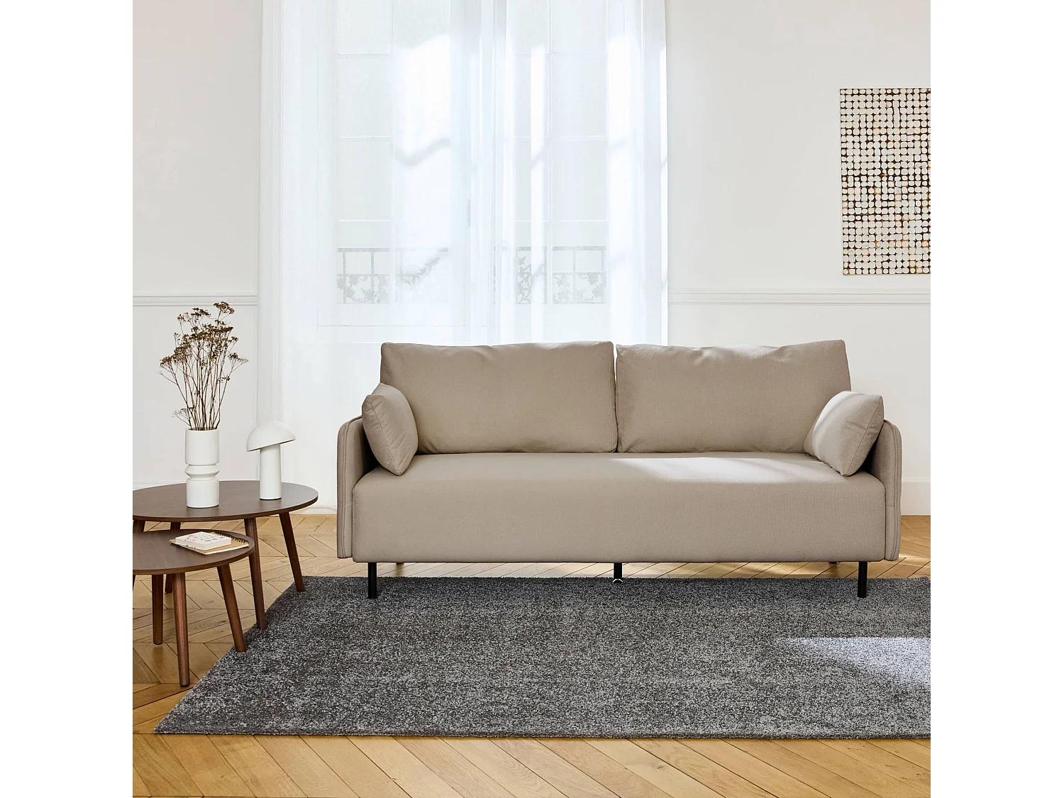 Sofá de 3 plazas en tejido hidrófugo, patas de metal beige