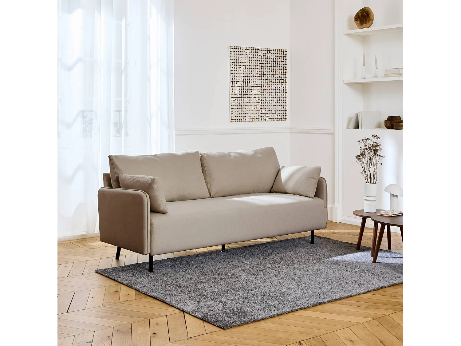 Sofá de 3 plazas en tejido hidrófugo, patas de metal beige