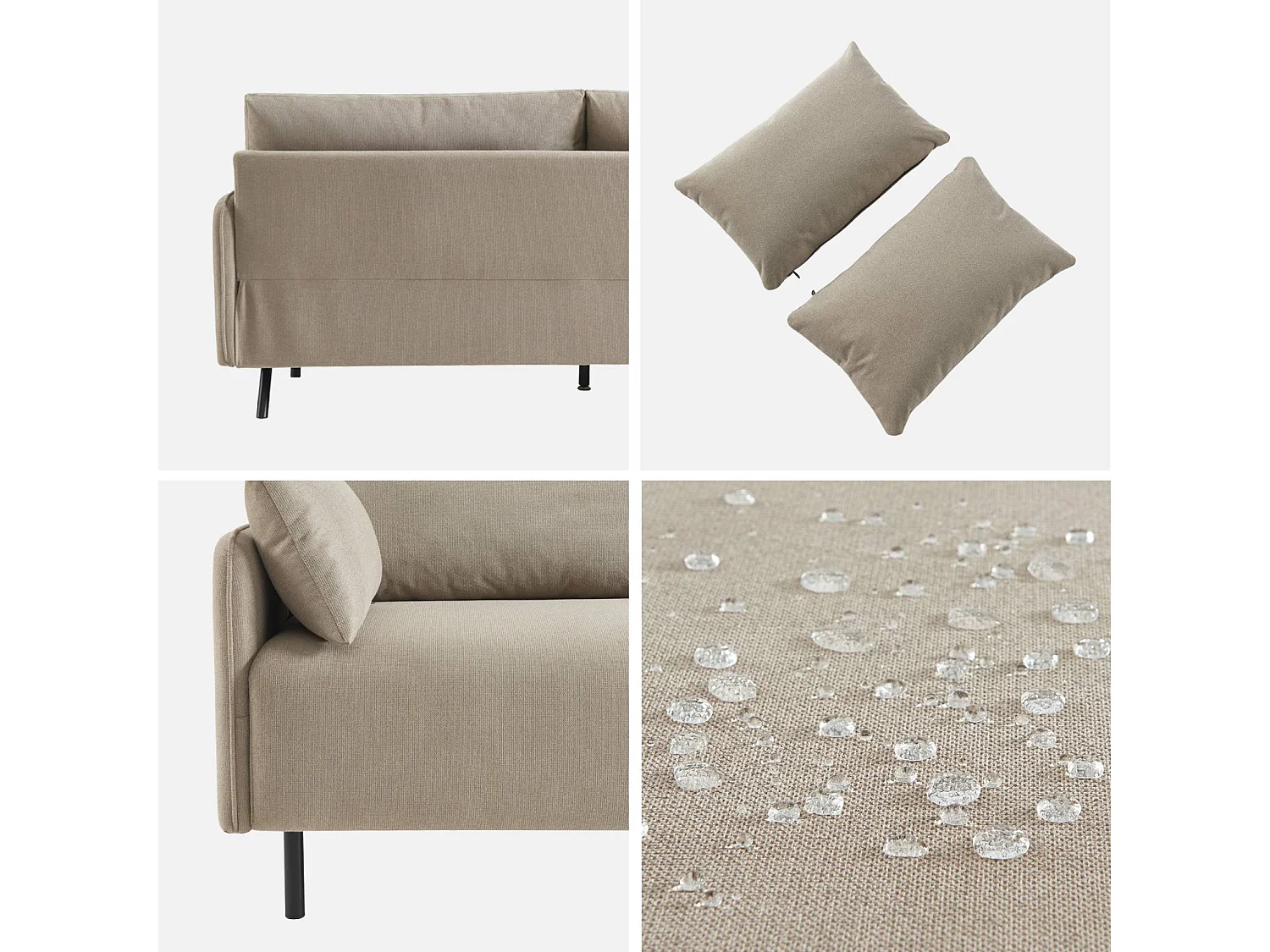 Sofá de 3 plazas en tejido hidrófugo, patas de metal beige