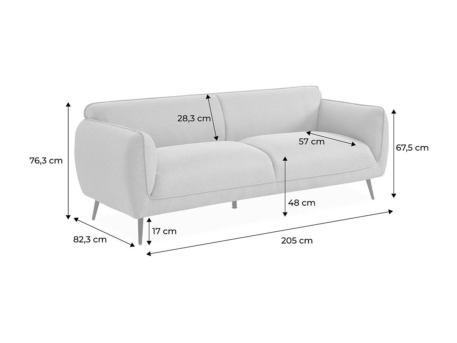 Canapé 3 places tissu gris clair et pieds métal noir