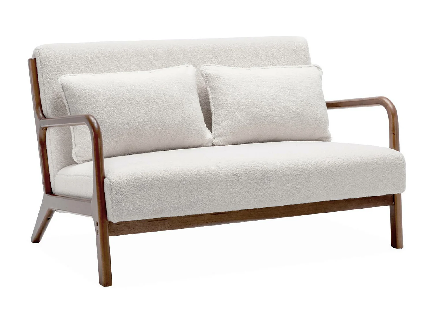 Panca 2 posti + poltrona legno di hevea tinto noce chiaro e bouclé,