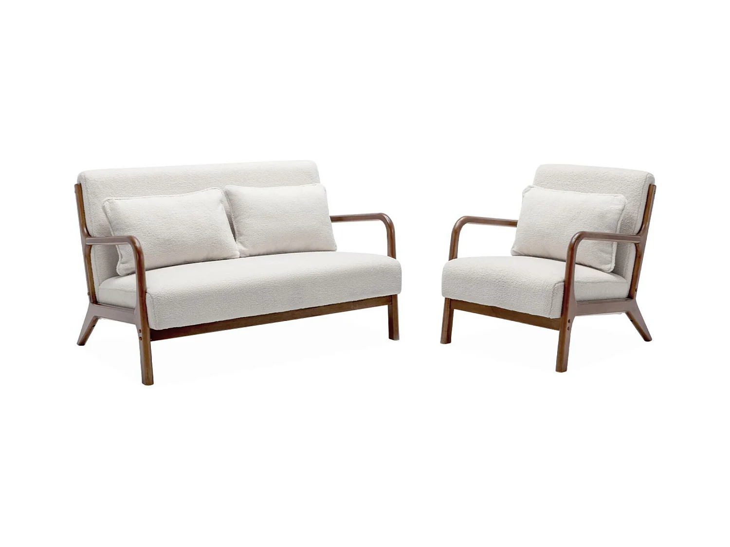 Banco de 2 plazas + sillón borreguito de madera de caucho teñida crema