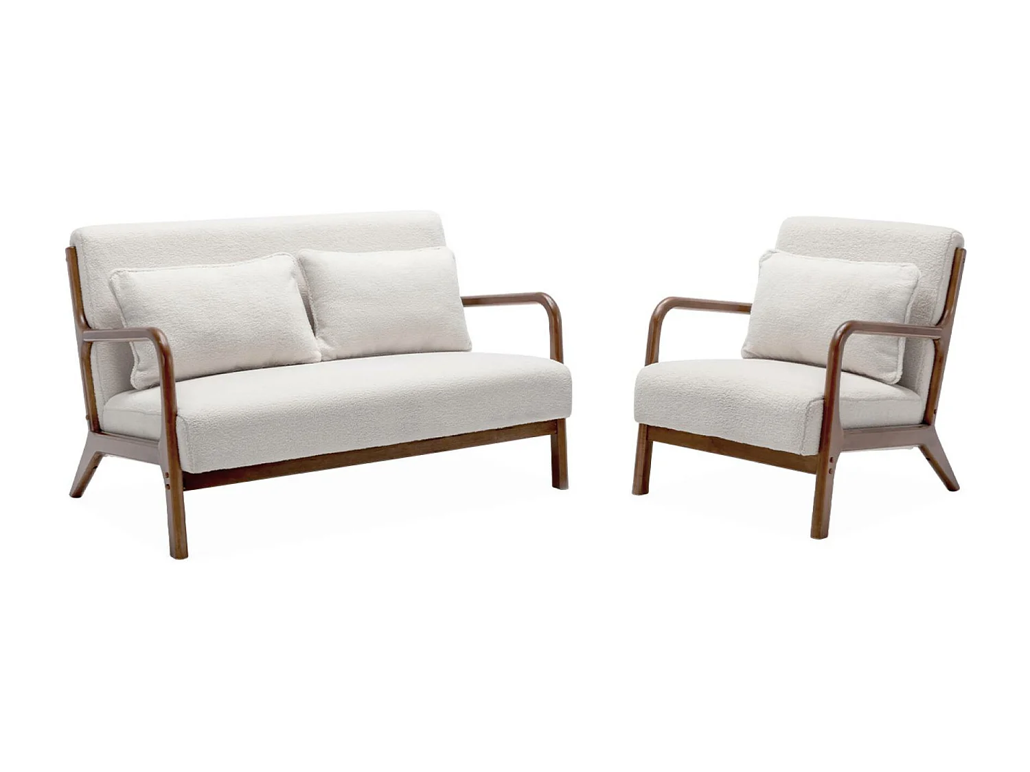 Panca 2 posti + poltrona legno di hevea tinto noce chiaro e bouclé,