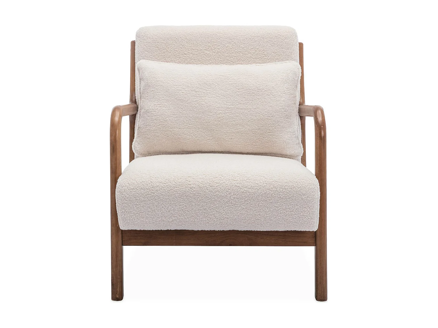 Panca 2 posti + poltrona legno di hevea tinto noce chiaro e bouclé,