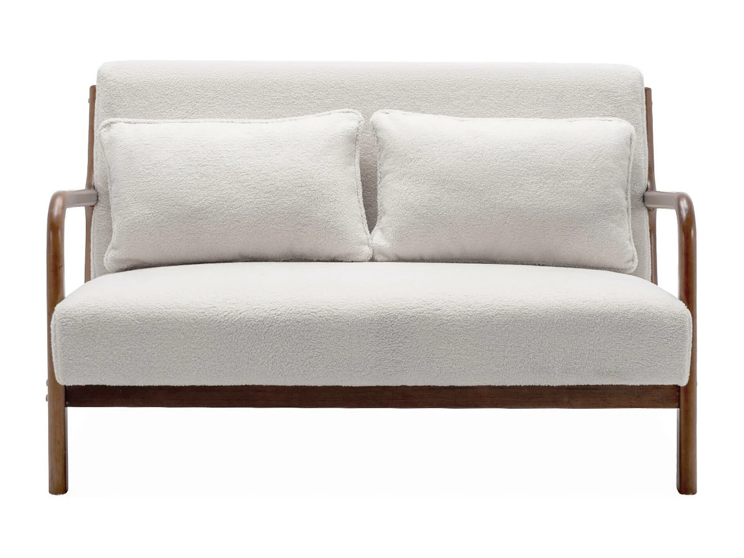 Panca 2 posti + poltrona legno di hevea tinto noce chiaro e bouclé,