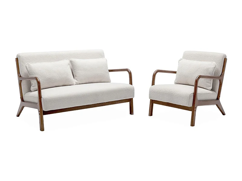 Banco de 2 plazas + sillón borreguito de madera de caucho teñida crema