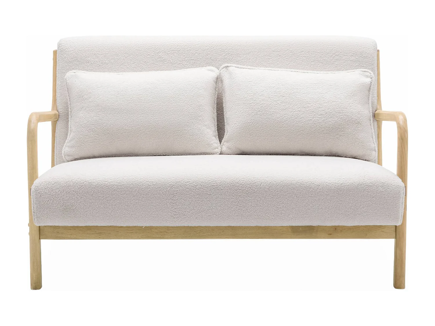 Banquette 2 places scandinave en bois et tissu bouclette. Lorens. L 124 x P 83 x H 77cm