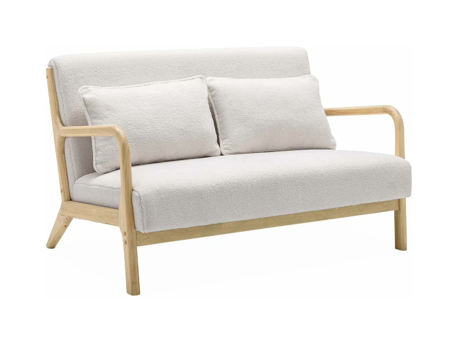 Banquette 2 places scandinave en bois et tissu bouclette. Lorens. L 124 x P 83 x H 77cm