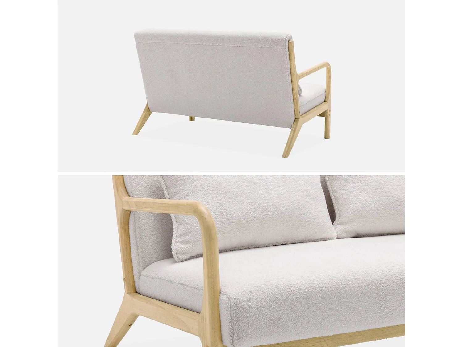 Banquette 2 places scandinave en bois et tissu bouclette. Lorens. L 124 x P 83 x H 77cm